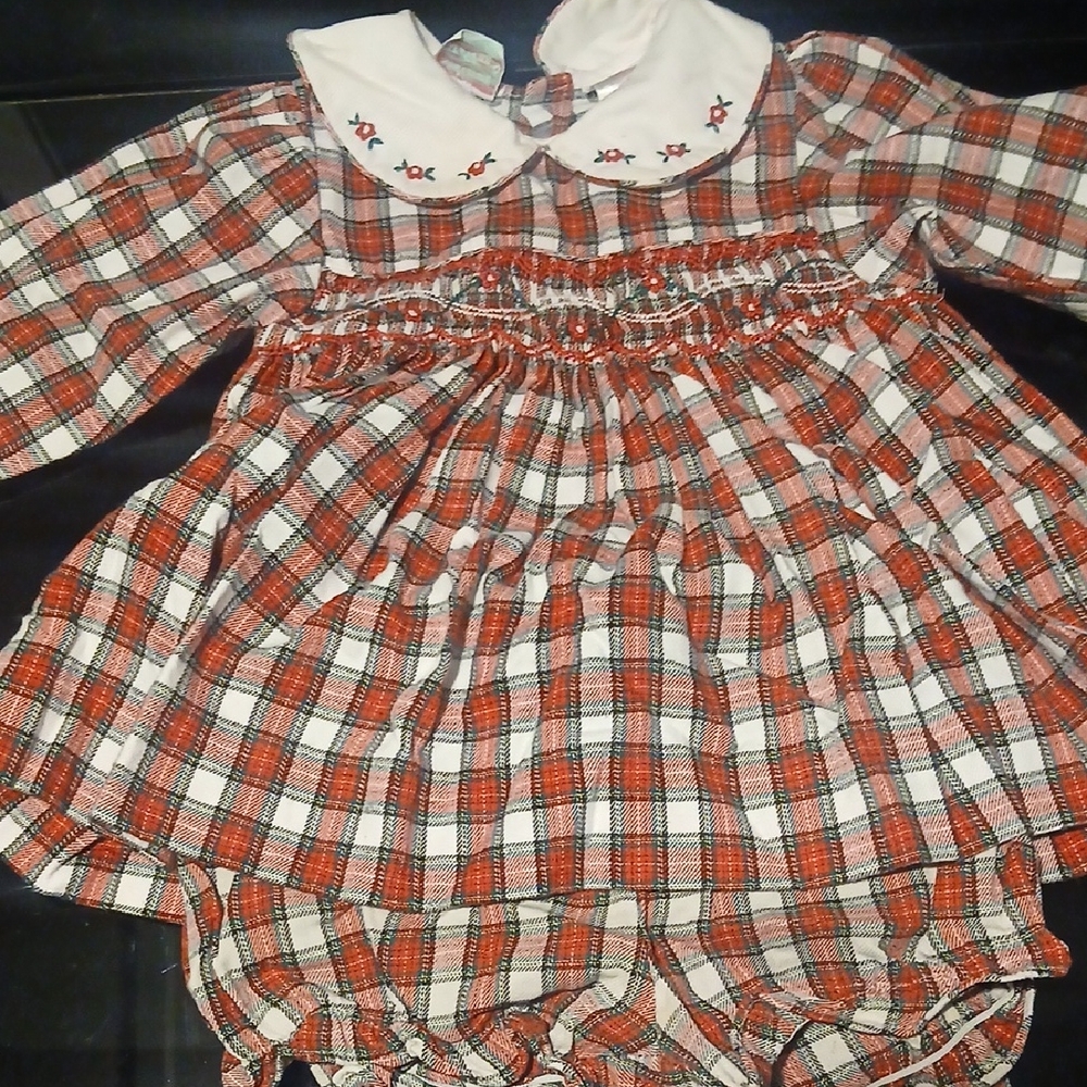 Red Plaid Smocked Baby Dress with Embroidered Collar